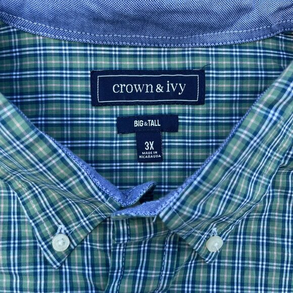 Crown & Ivy Mens 3XT Green Plaid Classic Fit Button Down Preppy Long Sleeve - Picture 4 of 6